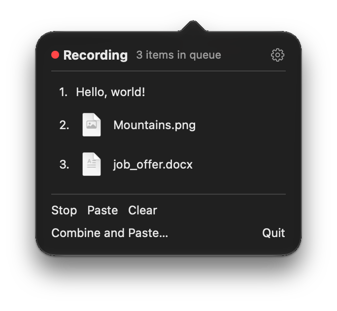 The Vanto window: recording, 3 items in queue — Hello, world!, Mountains.png and job_offer.docx — with Stop, Paste, Clear, Combine and Paste, and Quit.
